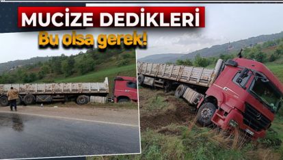 YOLDAN ÇIKAN TIR ŞANS ESERİ UÇURUMUN KENARINDA KALDI