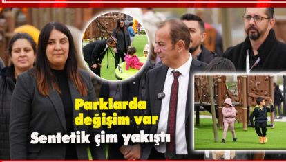 PARKLARDA KAUÇUK ZEMİNLER YERİNE SENTETİK ÇİM UYGULAMASI BAŞLADI